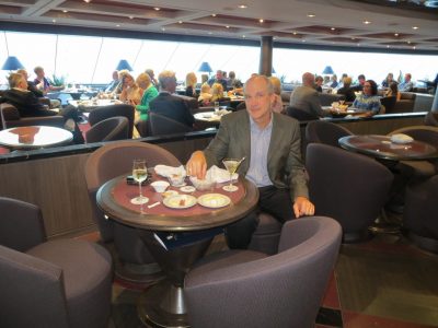 My husband, Chris, in the Top Sail Lounge where we enjoyed many drinks during our week-long sail. Martinis and mojitos were special favorites.
