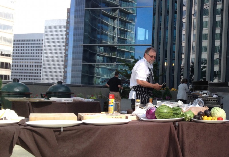 Amidst wind-blown napkins and the occasional flying aluminum pan, Chef Mark Shepherd shared grilling tips on his session at the Atlanta Food and Wine Festival. He cut that watermelon into large slices and threw it right on one of those Big Green Eggs.